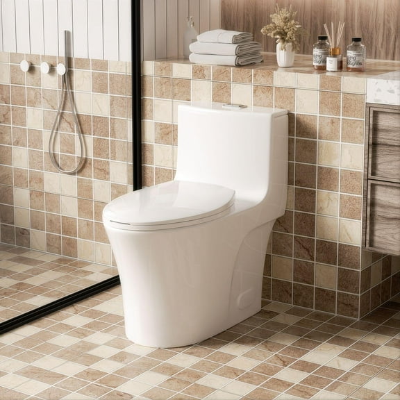 One-Piece Toilet,1.1/1.6 GPF Elongated Modern Toilet,Soft Closing Seat,Siphonic S-trap,Gloss White