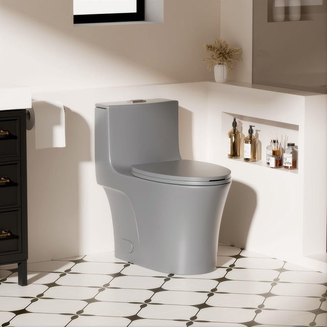 One-Piece Toilet,1.1/1.6 GPF Elongated Modern Toilet,Soft Closing Seat,Siphonic S-trap,LIGHT GREY 02