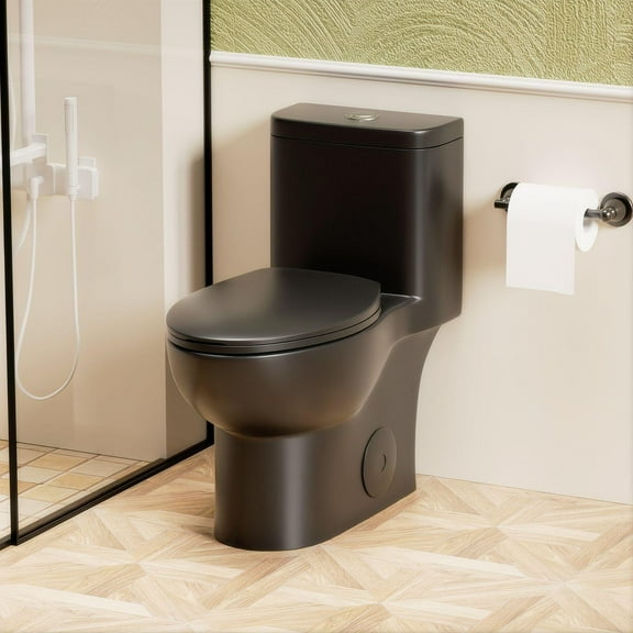 One-Piece Toilet,Powerful & Quiet Dual Flush Modern Toilet with Comfort Chair Seat,1.1/1.6 GPF,Black