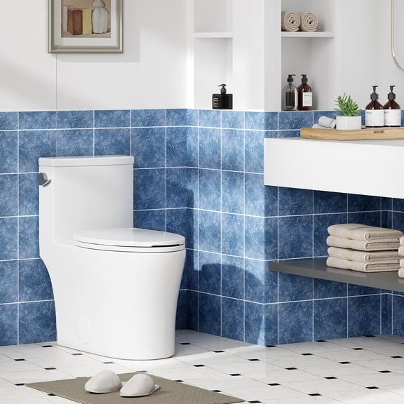 One-Piece Toilet White, Water Efficient Single Flush 3/4.8L, Side Push Handle, Modern Home Bathroom Toilet, Comfortable Elongated Bowl, Low Consumption