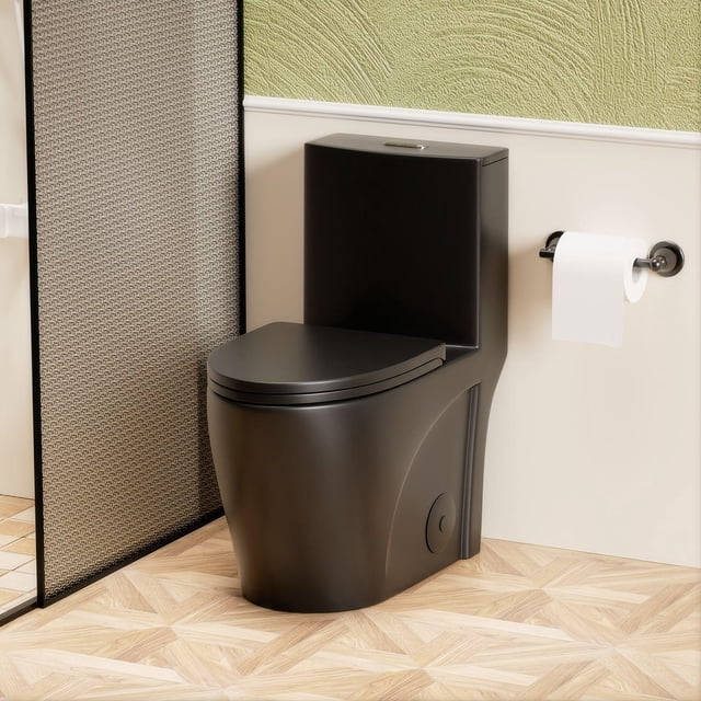 One-Piece Toilet for Bathrooms,Modern Toilet Elongated Bowl with Soft Close Seat,1.1/1.6 GPF,Black 02