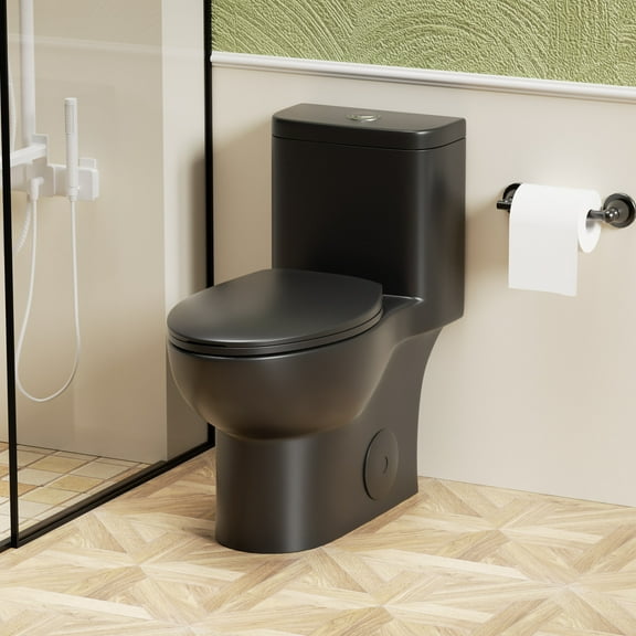 One-Piece Toilet with ADA Height 17 Inch Comfort Height Seat Dual Flush 1.1 1.6 GPF Modern Siphonic Rimless Design Soft Close Seat in Matte Black