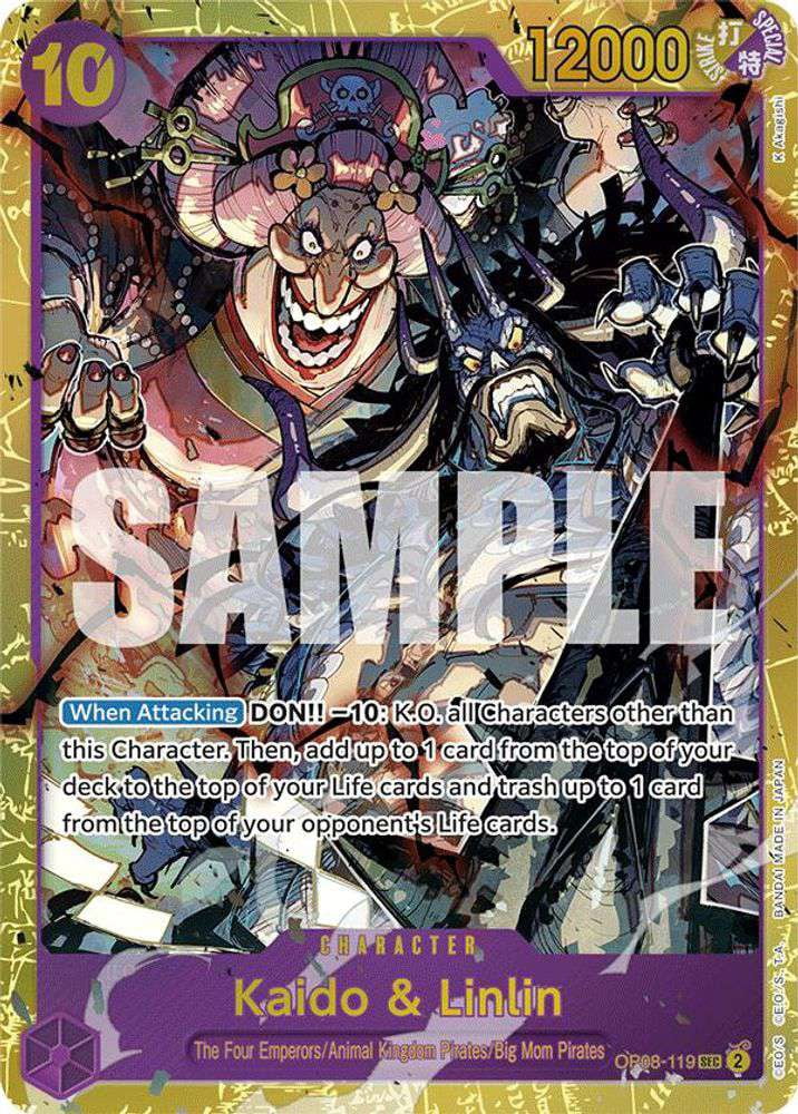 secret rare kaido card Double Trouble -Kaido & Linlin OP08-119 Alt Art "If you're blaming someone, blame yourself for being so weak" -Kaido 118 Description 2024 One Piece The Best