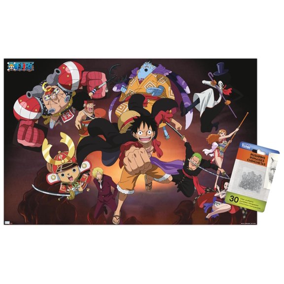 One Piece: Wano Country - Group Attack Wall Poster with Push Pins, 14.725" x 22.375"