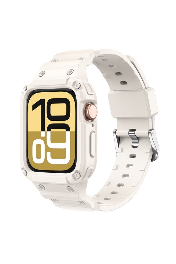 One-Piece Watch Band with Bumper Case Compatible with Apple Watch Series 10 46mm, for Men Women Breathable Sport Cover Replacement Strap, TPU Soft Band, Adjustable Metal Buckle, Starlight