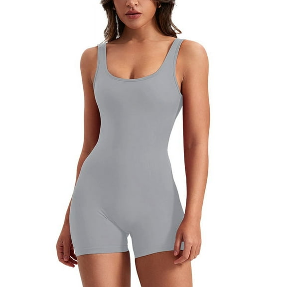 Workout Jumpsuits for Women Backless Tummy Control Sleeveless Jumpsuits V Back Grey M