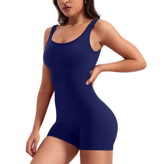 Mawalde Workout Jumpsuits for Women Backless Tummy Control Sleeveless Jumpsuits V Back Navy Blue M