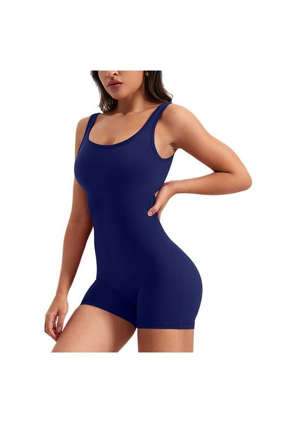 Workout Jumpsuits for Women Backless Tummy Control Sleeveless Jumpsuits V Back Navy Blue M