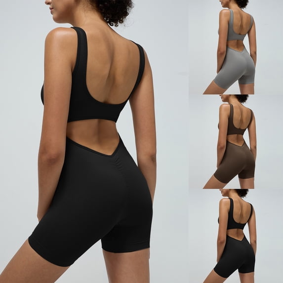 One Piece Workout Jumpsuits for Women Backless Tummy Control Sleeveless Jumpsuits V Back Yoga Romper Coffee M