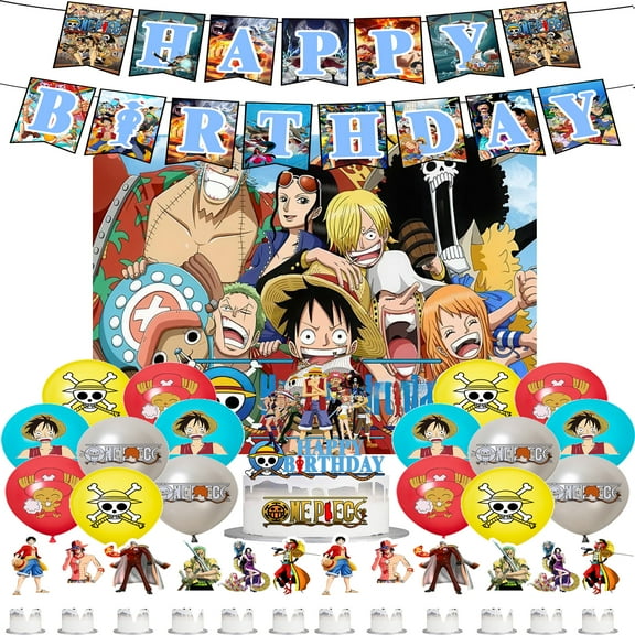 One Piece birthday party supplies, party decorations including happy birthday banner, balloons, backdrop, cupcake toppers