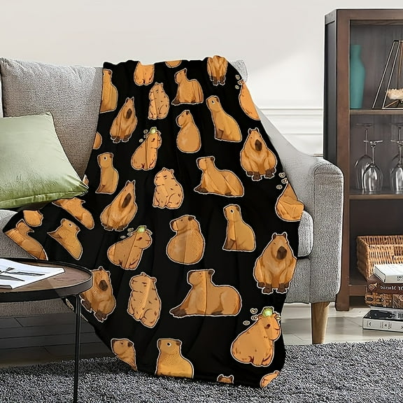 One Piece of Kabibara Print Fleece Blanket, Cute and Comfortable, Suitable for Sofa, Bed, Camping, Traveling and Office