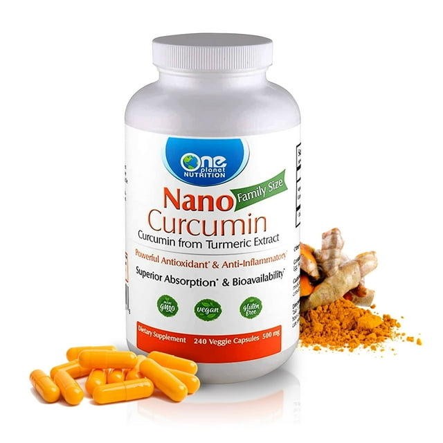 One Planet Nutrition Nano Curcumin 500 mg Veggie Capsules (240 Servings), Turmeric Extract, Nano for Enhanced Absorption, Supports Joint and Cellular Health, Non-GMO, Gluten-Free