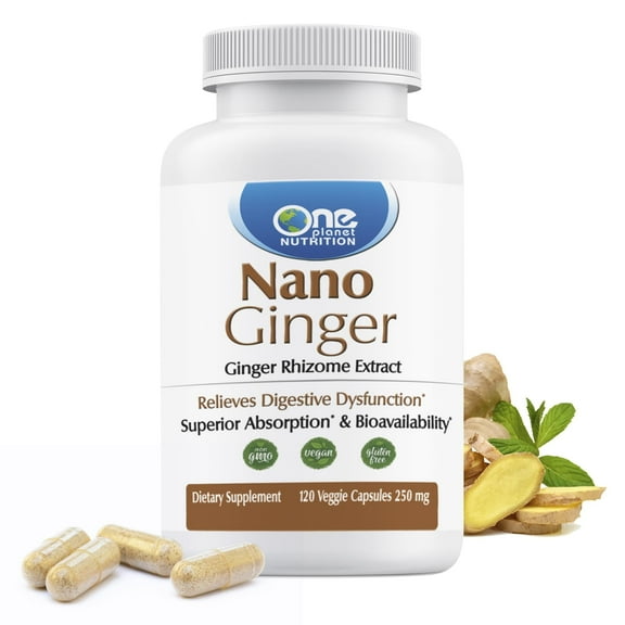 One Planet Nutrition Nano Ginger Root 250 mg Veggie Capsules (120 Servings), Nano for High Absorption, Supports Digestive Health, Non-GMO, Vegan, Gluten-Free