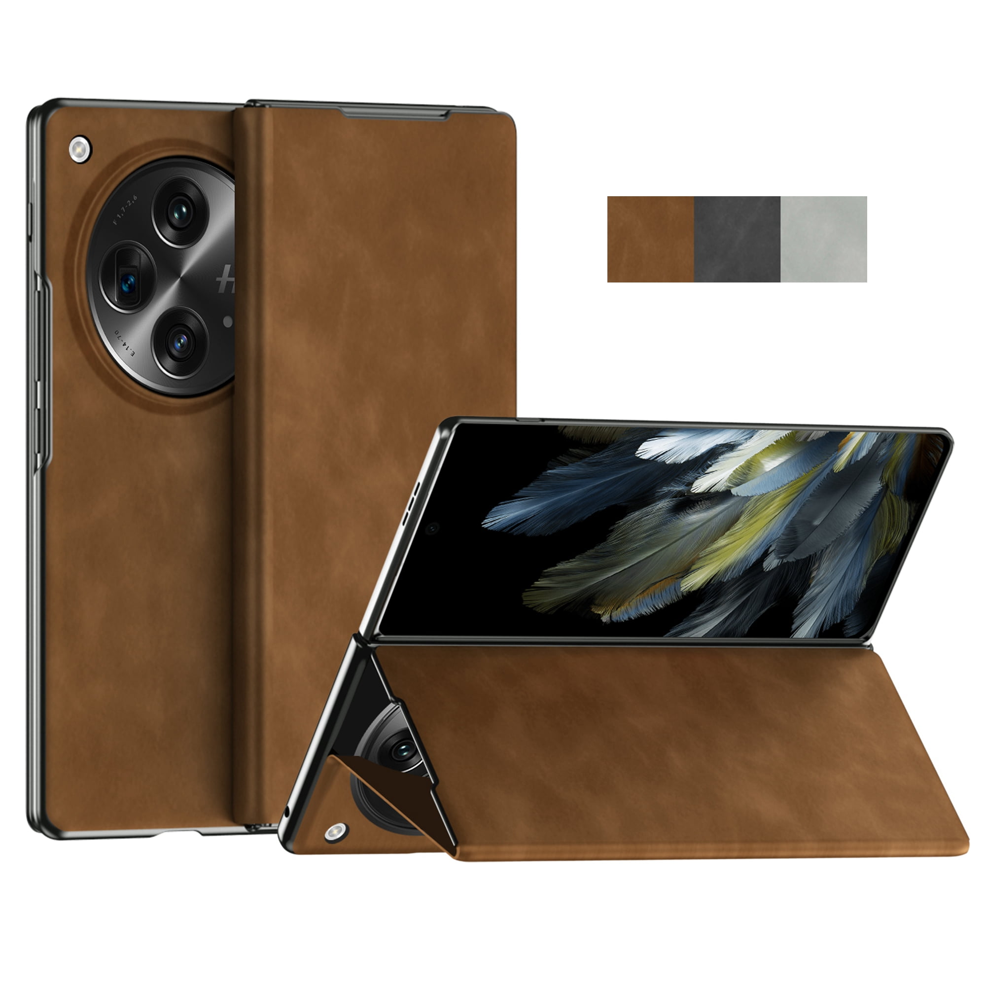 for One Plus Open/Oppo Find N3 Case, Premium Leather Shockproof Case Magnetic Closure Kickstand Folio Protective Phone Cover with Window View For One Plus Open/Oppo Find N3,Brown