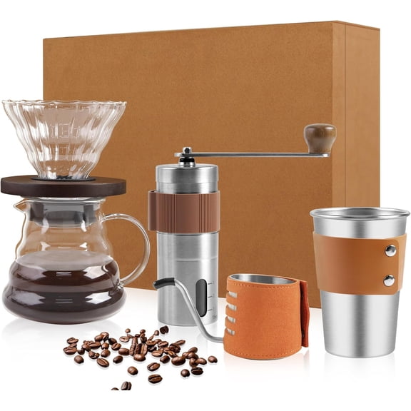 All in One Pour Over Coffee Kit Travel Pour Over Coffee Dripper, Manual Coffee Maker Set (Grinder, Brewer, Dripper and Cup Set), Anniversary Birthday Gift Sets