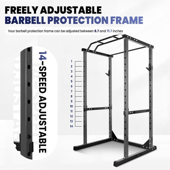 All in One Power Cage, 1200 LBS Heavy Duty Squat Rack System, 14 Hole Adjustable Height, Anti-slip Base, Power Rack, Fitness Training, Home Gym, Garage