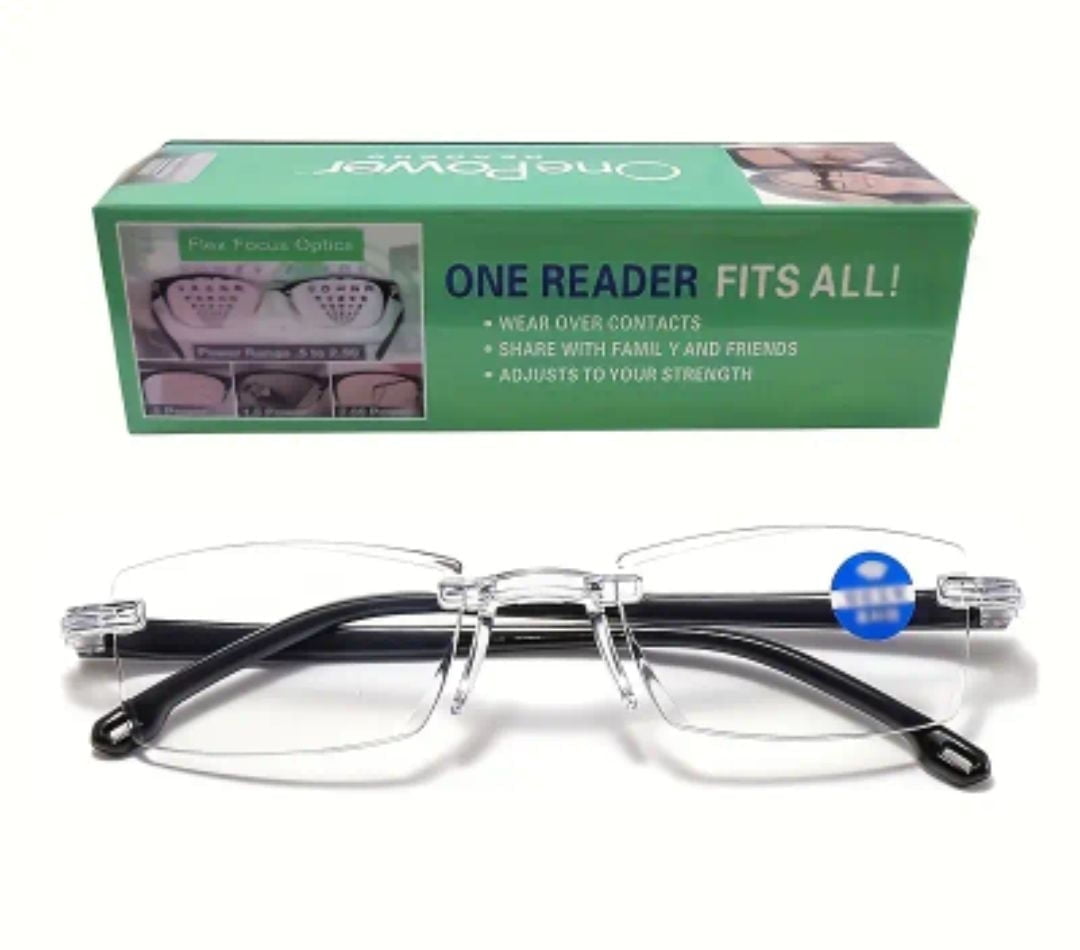 One Power Auto-Focus Reading Glasses, Unisex Rimless, Clear Lenses