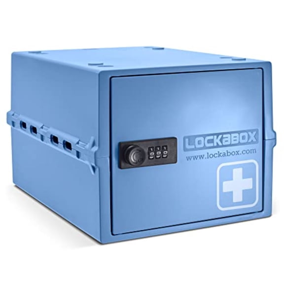 One Premium Medicine Lock Box Medium Medication Lock Box With Code For Medicines Vitamins Supplements External Size 12 x 8 x 6.6 inches Medi Blue
