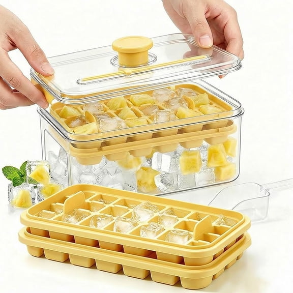 One-Press Ice Cube Tray, Easy-Release Mold with Lid Bin for Whiskey Cocktail