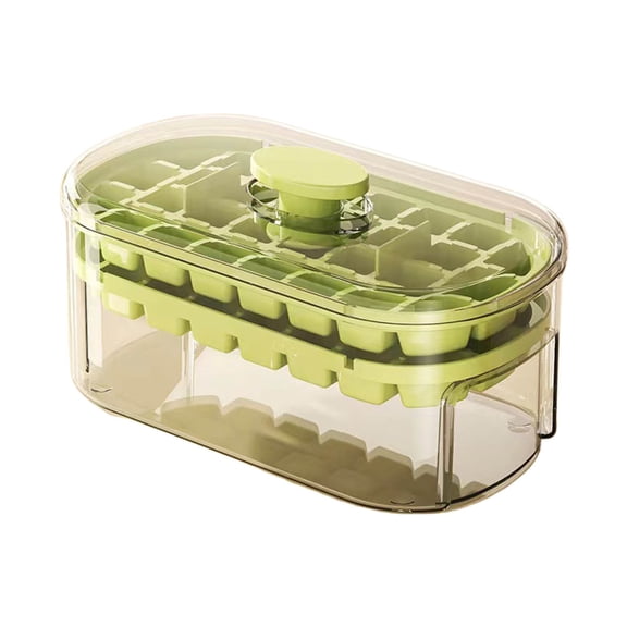 One-Press Ice Cube Tray Set with Storage Bin & Scoop, 32-Cavity Ice Maker for Refrigerator, and Iced Coffee
