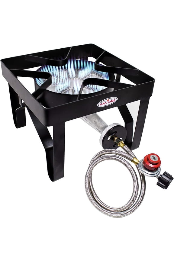 GasOne Propane Single Gas Burner 200,000BTU Heavy Duty - 0-20 PSI Adjustable Regulator and Hose Camp