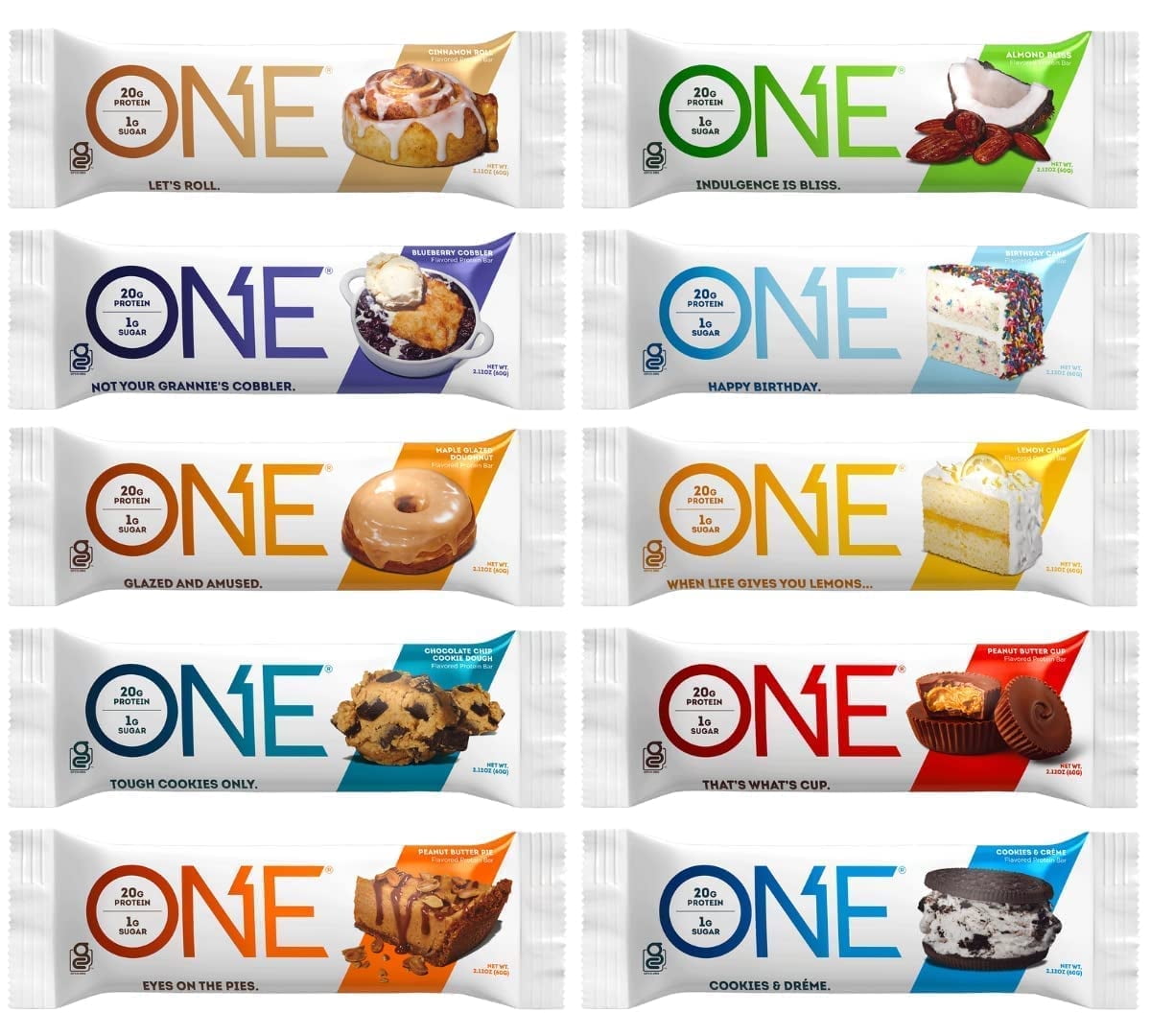 One Protein Bars, Variety Pack Sampler, Gluten Free 20g Protein and Only 1g Sugar, 2.12 oz Bars (10 Pack)