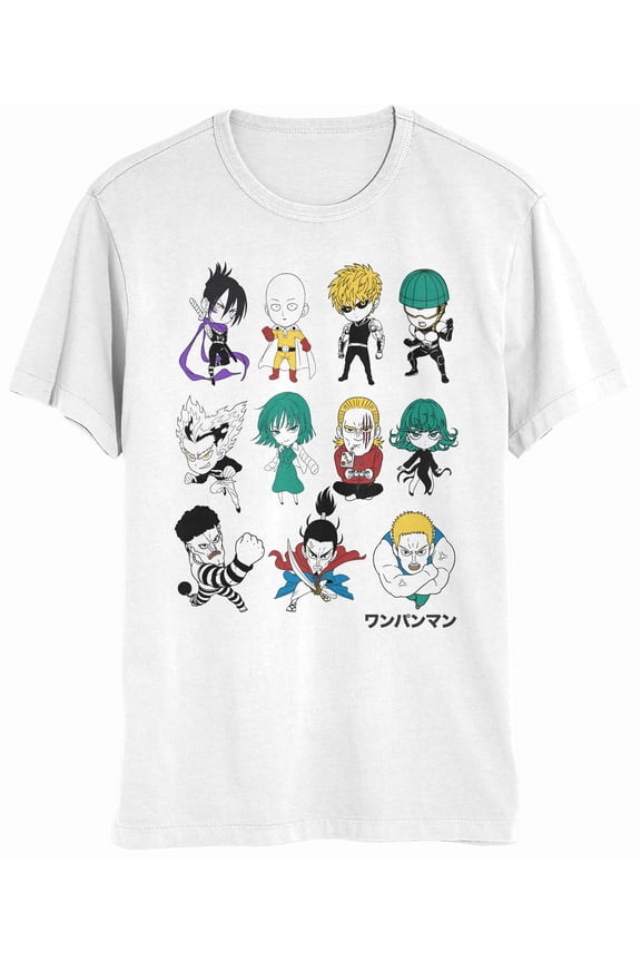 12 Character Chibi Line Up Adult T-Shirt (Medium, White)