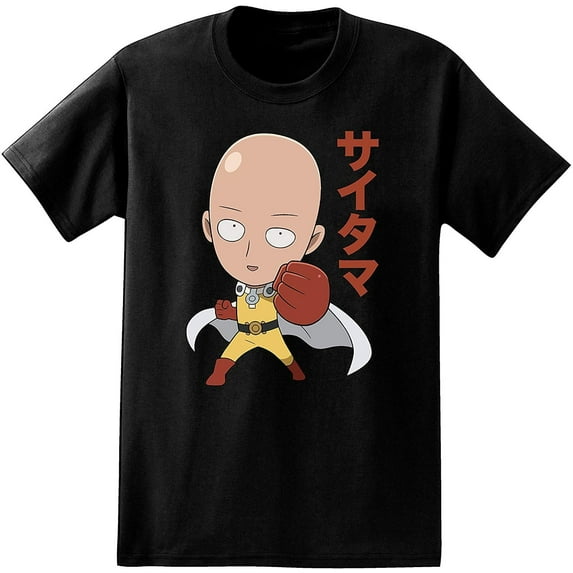 One-Punch Man Men's Shirt, Graphic Print Cartoon Anime Saitama T-Shirt Black – L