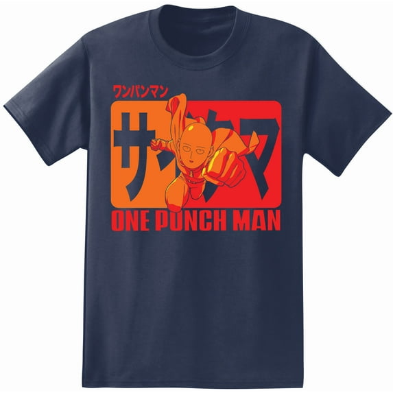 One Punch Man Saitama Flying Punch Adult T-Shirt (Medium, Navy Blue)