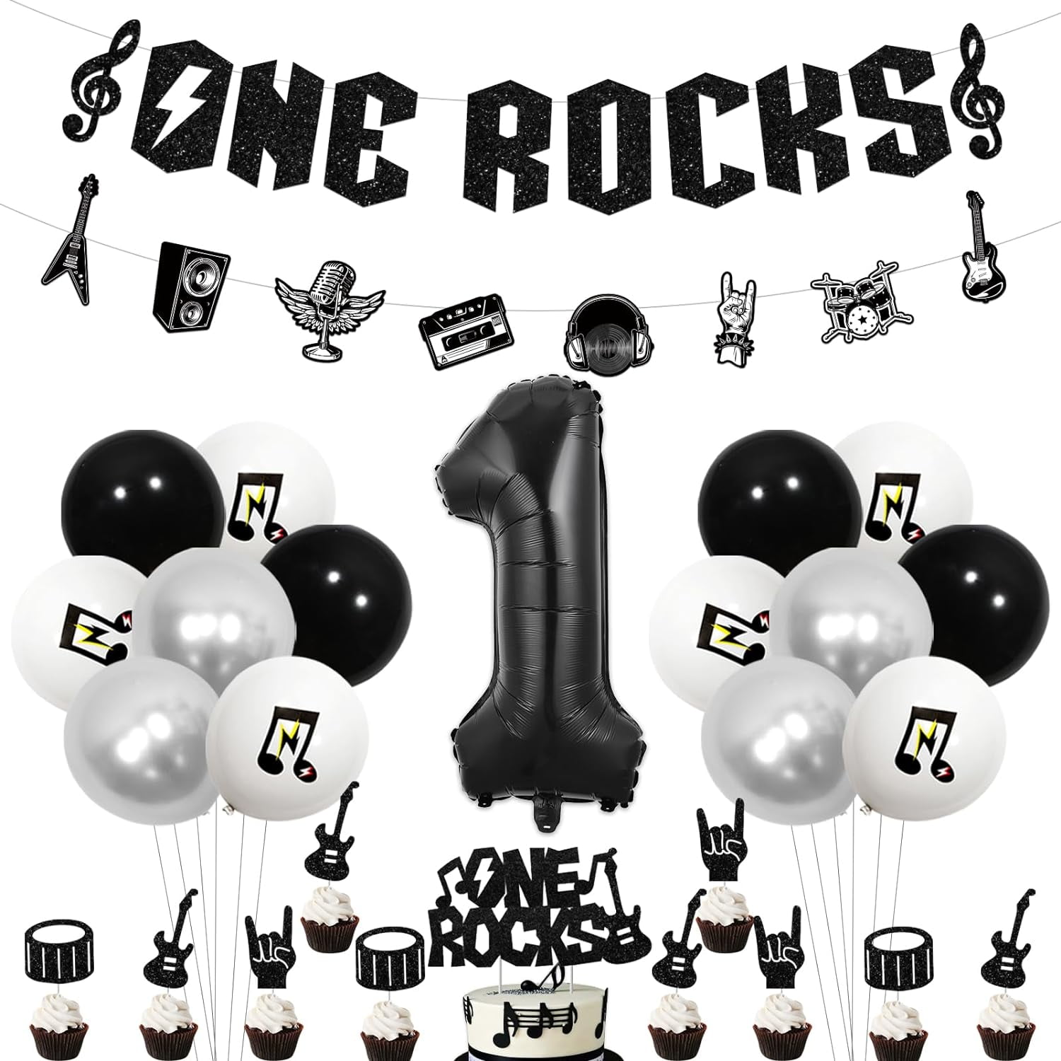 One Rocks 1st Birthday Decoration Black and White Rock and Roll 1st ...