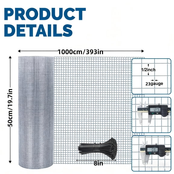 One Roll of Galvanized Wire Mesh, 1/2-Inch Mesh Size, Easy to Cut, Ideal for Rodent-Proof Netting, Cabinet Metal Mesh, Window Screens, Poultry Fencing, Plant Protection & Projects