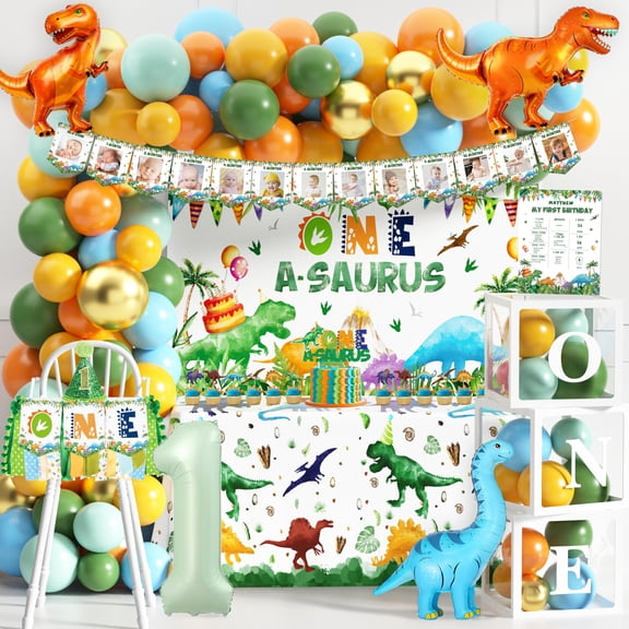 One a Saurus Decorations 105Pcs Dinosaur 1st Party Supplies for Boy Dinosaur Balloon Garland Balloon Box Backdrop Monthly Photo Highchair Banner Tablecloth Cake Topper Hat Poster Y101