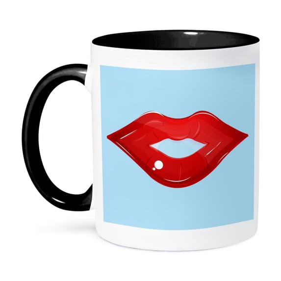 3dRose, One Set Of Cute Red Shiny Lips, 11oz Two-Tone Black Mug