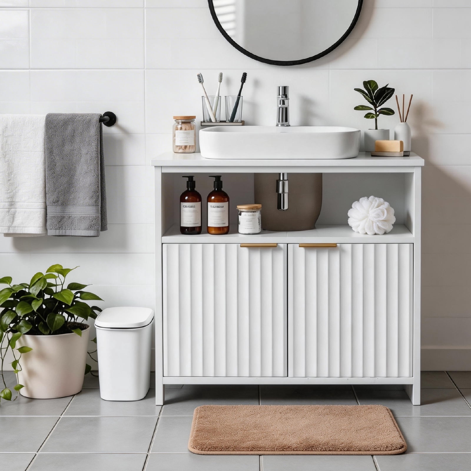 One-Shelf Bathroom Vanity Unit, White Particleboard With Melamine Veneer, Grille Thermoformed, Two-Door, 60*30*60cm