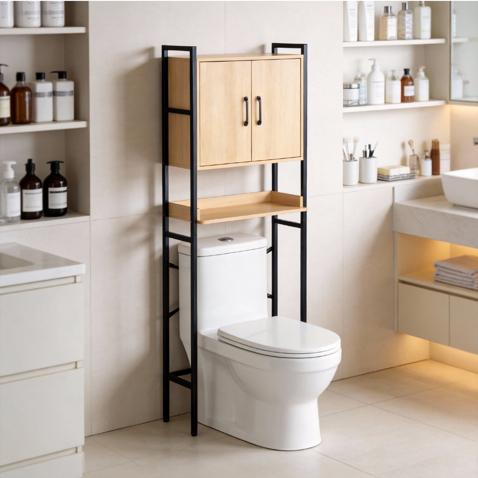 One Shelf Toilet Cabinet, Wood Grain Embossed Design, Mdf Melamine Veneer With Square Tubing, Double Doors, 64.5*30*171cm