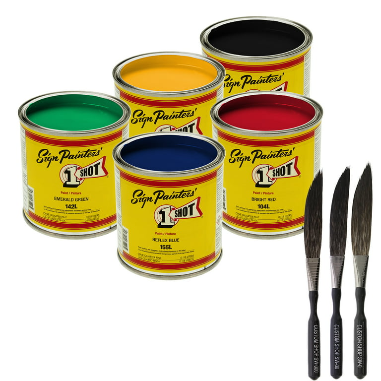 One Shot 5-Color Lettering and Pinstripe Paint 1/4 Pint Cans with Bonus Striping Brush Kit Colors: Bright Red, Lemon Yellow, Emerald Green, Reflex