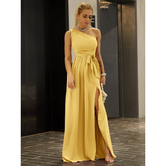 One-Shoulder Belted Front Split Dress