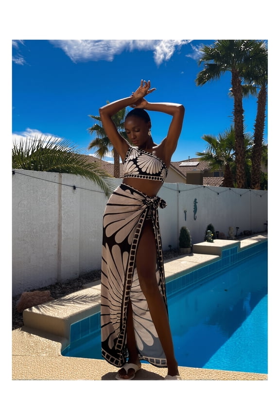 One Shoulder Bikini Set - Black & White Pattern Swimsuit for Women - High-Waisted Wrap Skirt Cover-Up - Stylish Beachwear, Summer Swimsuit, Adjustable Straps