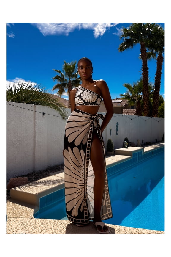 One Shoulder Bikini Set - Black & White Pattern Swimsuit with Wrap Maxi Skirt - High Stretch, Adjustable Two Piece Bathing Suit for Women - Beach Pool Vacation