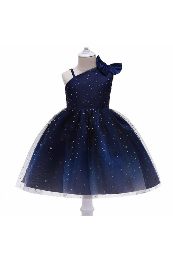 One Shoulder Birthday Dress for Girl Sequin Tulle Tutu Dress Sleeveless Fashion Party Kids Gift Princess Dresses, Navy, 8 Years