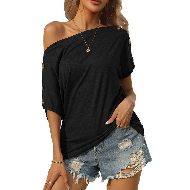 One Shoulder Blouse Plain Color Short Sleeve Side Button Off Shoulder Blouse Shirt for Women Dating Walmart