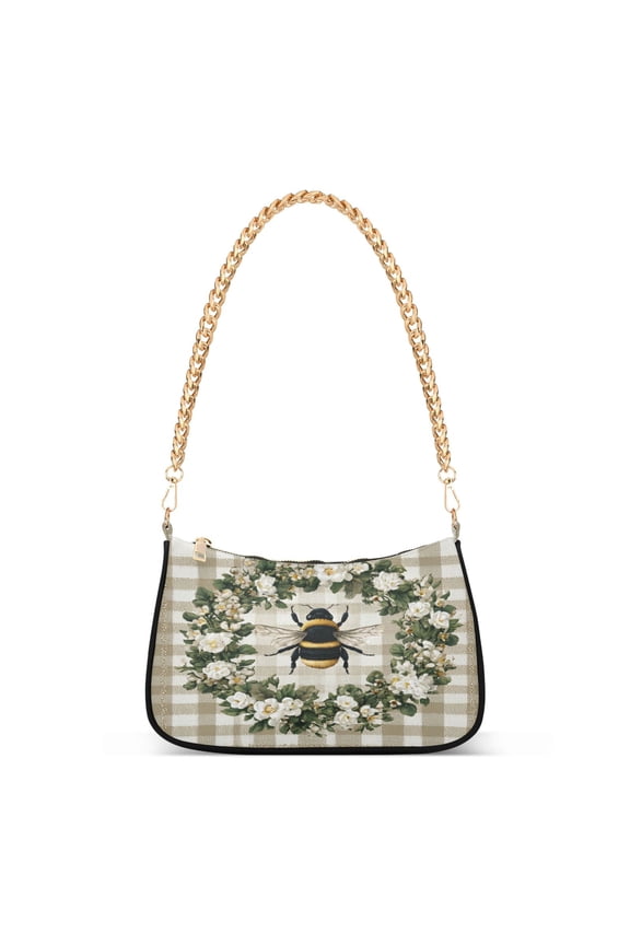One Shoulder Chain Handbag 7.1x11x2.8in Women's Hobo Handbags Tote Handbags Shoulder Handbags Card Bag Cash Bag Key Bag Gingham Bumblebee Wreath