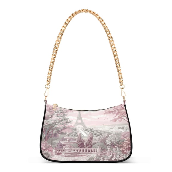 One Shoulder Chain Handbag 7.1x11x2.8in Women's Hobo Handbags Tote Handbags Shoulder Handbags Card Bag Cash Bag Key Bag Pink Flowers and The Eiffel Tower