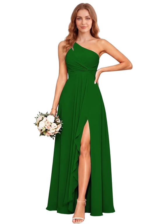One Shoulder Chiffon Bridesmaid Dress Split Formal Dress with Ruffle WM006