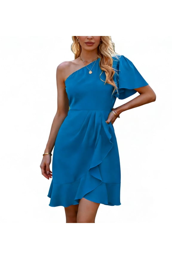 One Shoulder Chiffon Mini Dress for Women Summer Elegant Ruffle Short Sleeve Formal Cocktail Wedding Guest Dresses