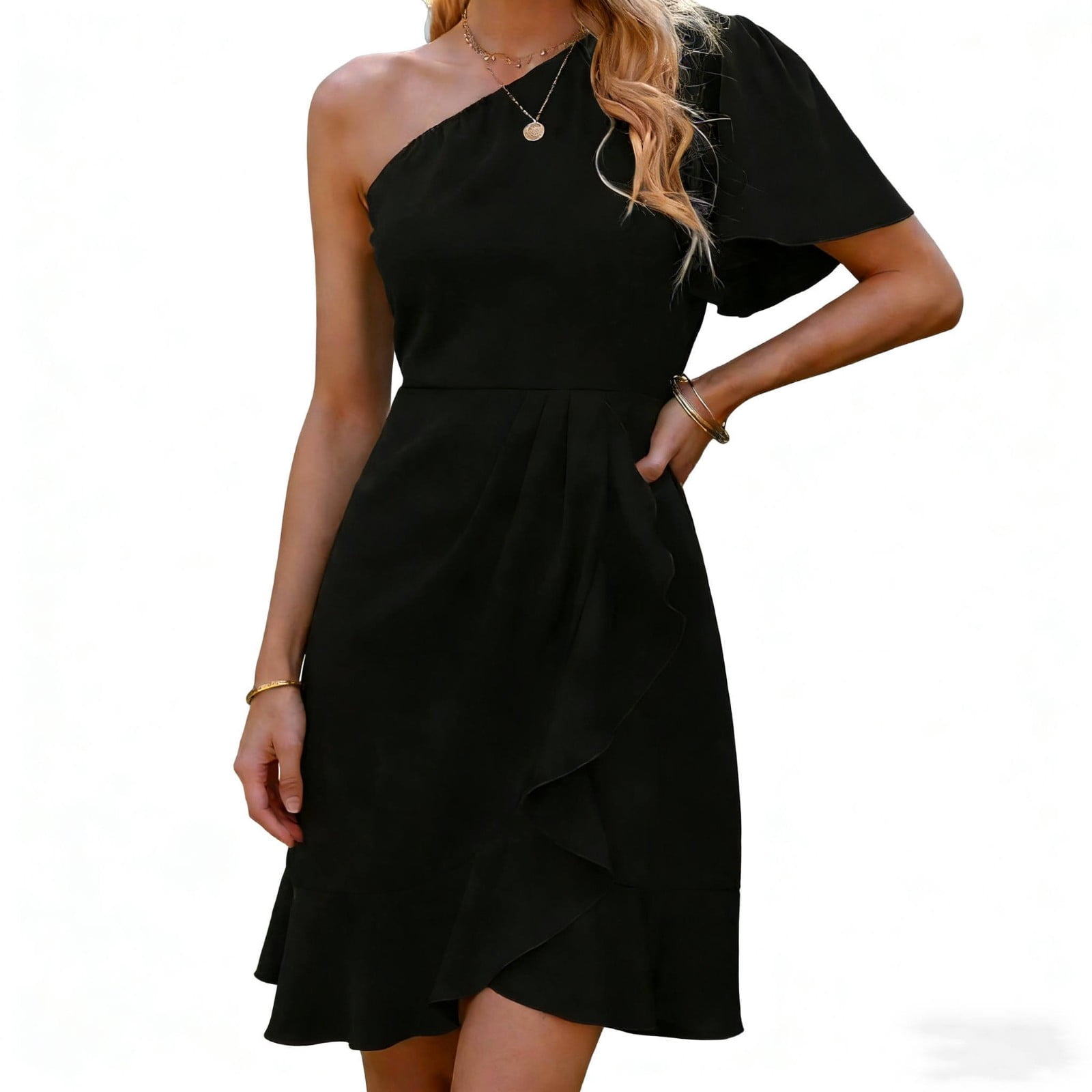 One Shoulder Chiffon Mini Dress for Women Summer Elegant Ruffle Short Sleeve Formal Cocktail Wedding Guest Dresses