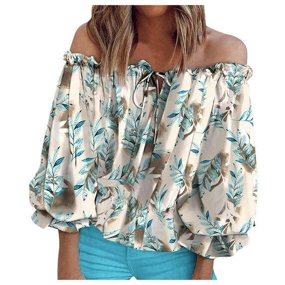 One Shoulder Chiffon Tops for Women Puff Long Sleeve Tie Blouse Loose Floral Printed Casual Shirts