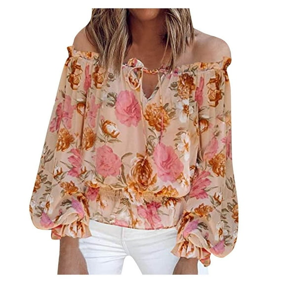 One Shoulder Chiffon Tops for Women Puff Long Sleeve Tie Blouse Loose Floral Printed Casual Shirts