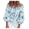 thumbnail image 1 of One Shoulder Chiffon Tops for Women Puff Long Sleeve Tie Blouse Loose Floral Printed Casual Shirts, 1 of 5