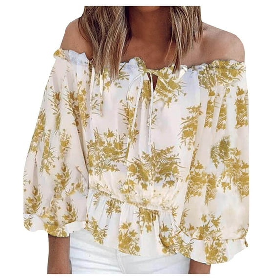 One Shoulder Chiffon Tops for Women Puff Long Sleeve Tie Blouse Loose Floral Printed Casual Shirts